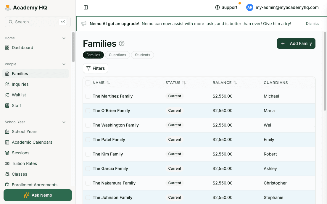 Screenshot: preschool admin dashboard with families, enrollment, attendance, and billing tools