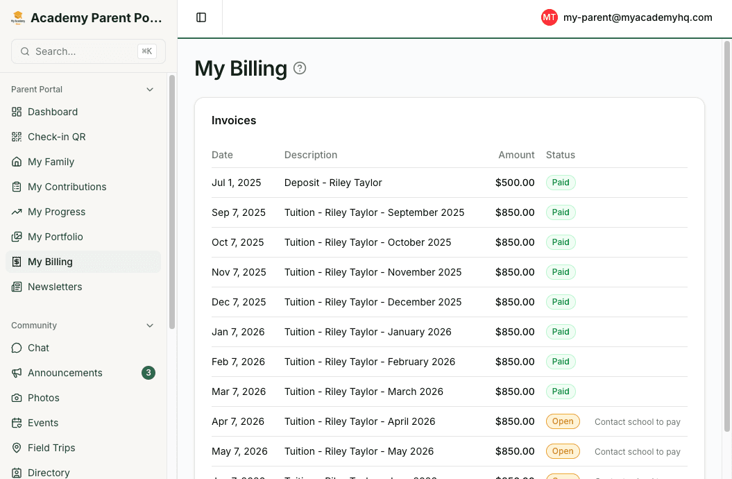 Screenshot: parent portal screen for meetings, surveys, or check-in QR access