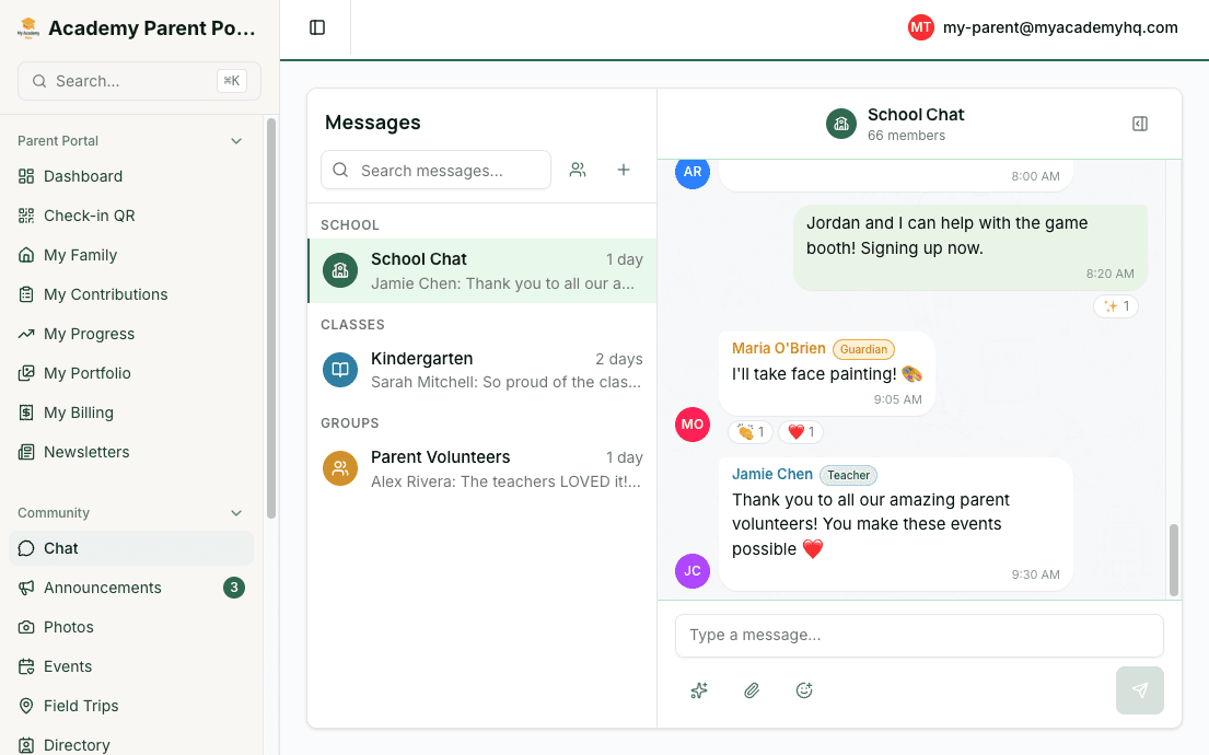 Screenshot: teacher-facing communication and meeting tools inside the portal
