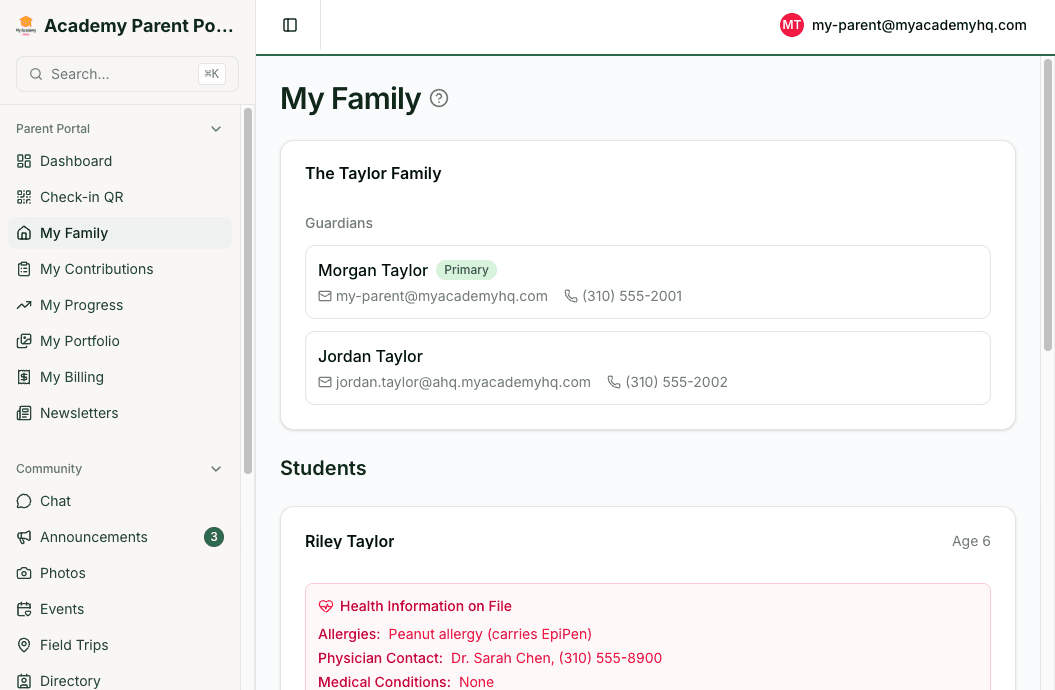 Screenshot: family detail page with guardians, students, and enrollment information