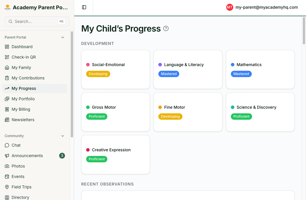 Screenshot: parent portal view for progress, portfolio, or child-specific updates