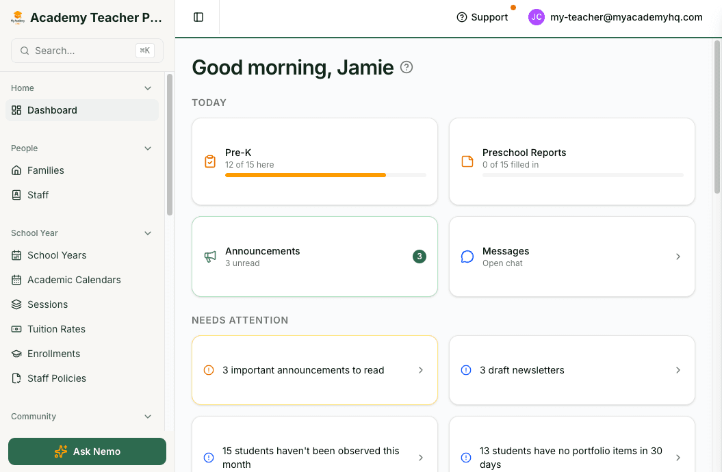 Teacher dashboard with daily attendance, announcements, and classroom priorities