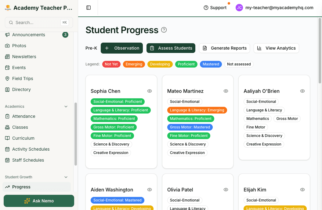 Screenshot: curriculum or staff schedule view connected to classes and weekly planning