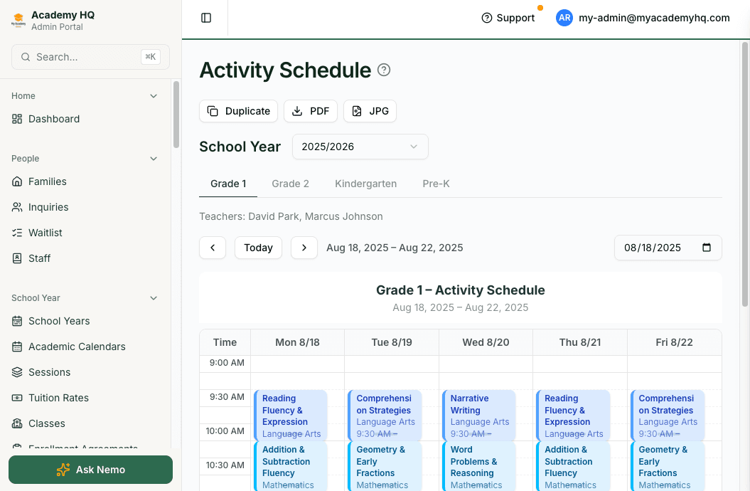 Screenshot: weekly activity schedule for a preschool class, linked to curriculum modules