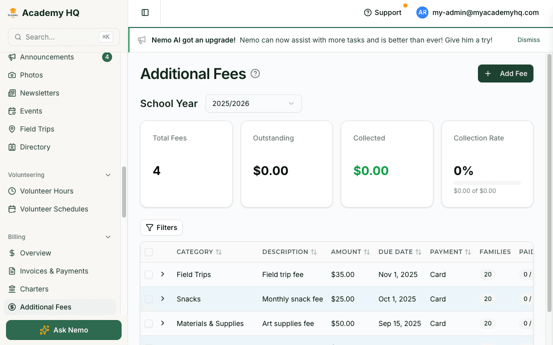 Screenshot: additional fees management with categories, amounts, and payment tracking