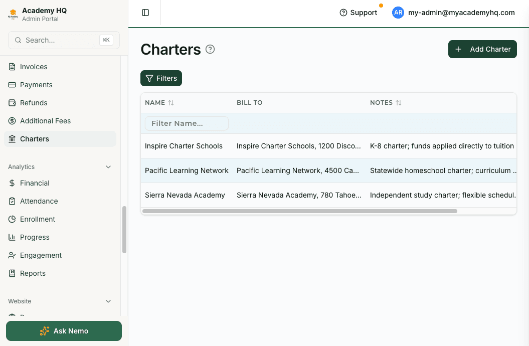 Screenshot: billing view showing tuition, charter association, and charter payment reconciliation