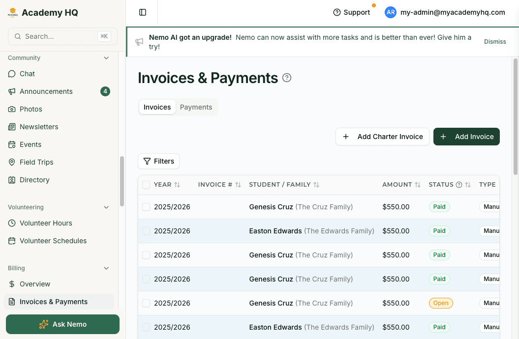 Screenshot: billing dashboard showing per-session invoices and payment status