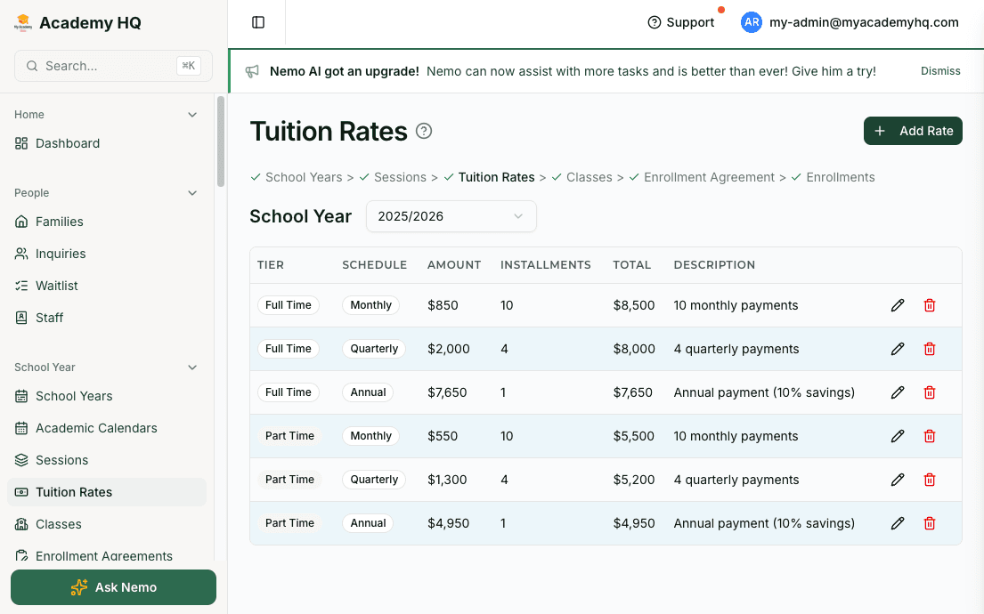Screenshot: tuition rate setup and billing configuration for a school year