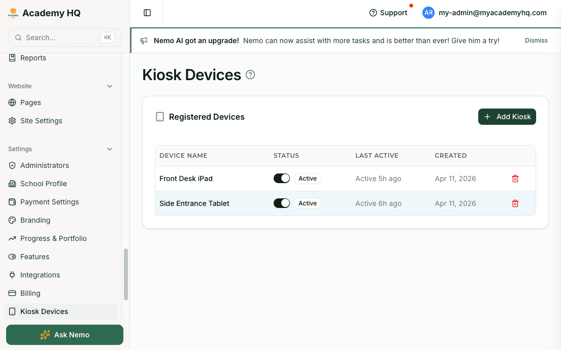 Screenshot: check-in kiosk settings or QR-based check-in workflow