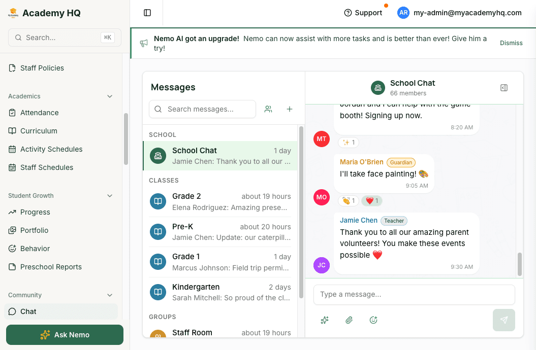 Screenshot: family messaging view with chat threads and school communication tools