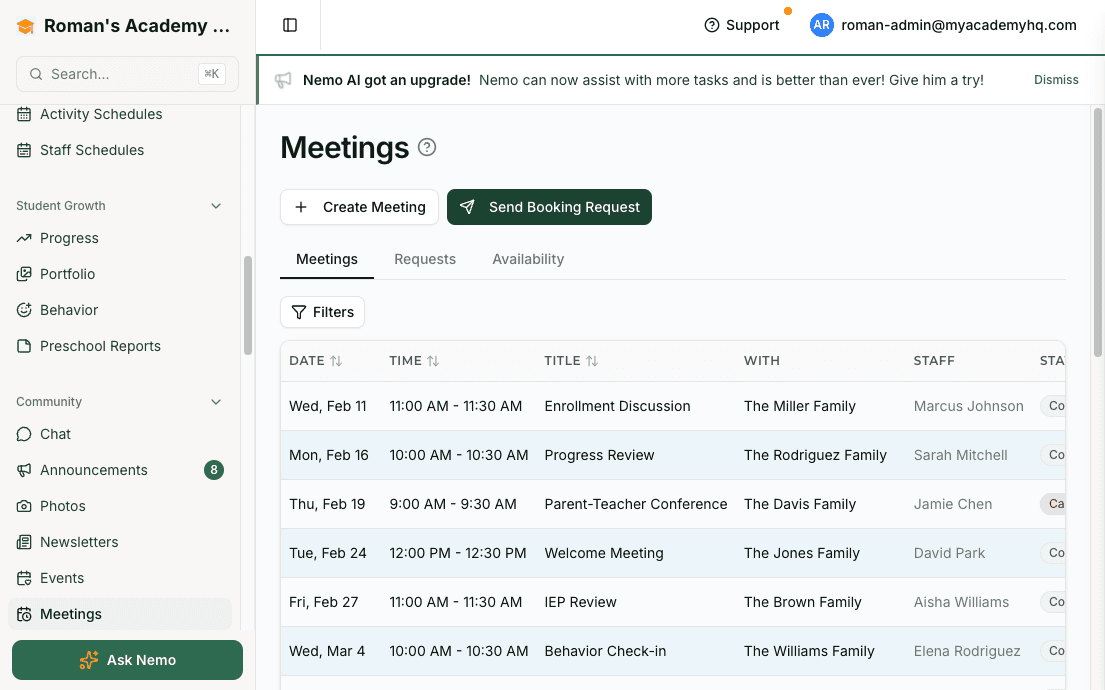 Screenshot: meetings page with scheduled conferences, booking requests, and staff assignments