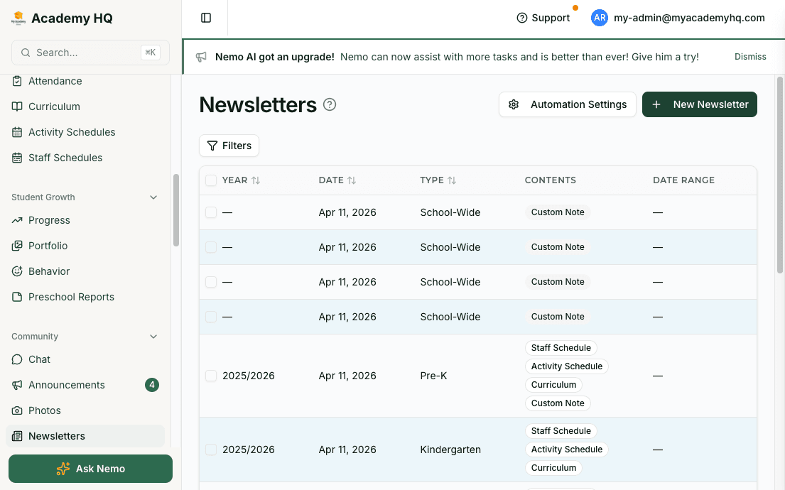 Screenshot: newsletter, survey, or school communication composer in the admin dashboard