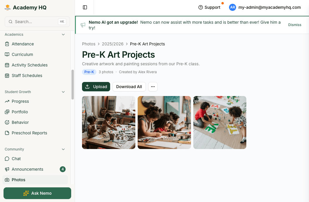 Screenshot: photo albums, event listings, and community tools for families