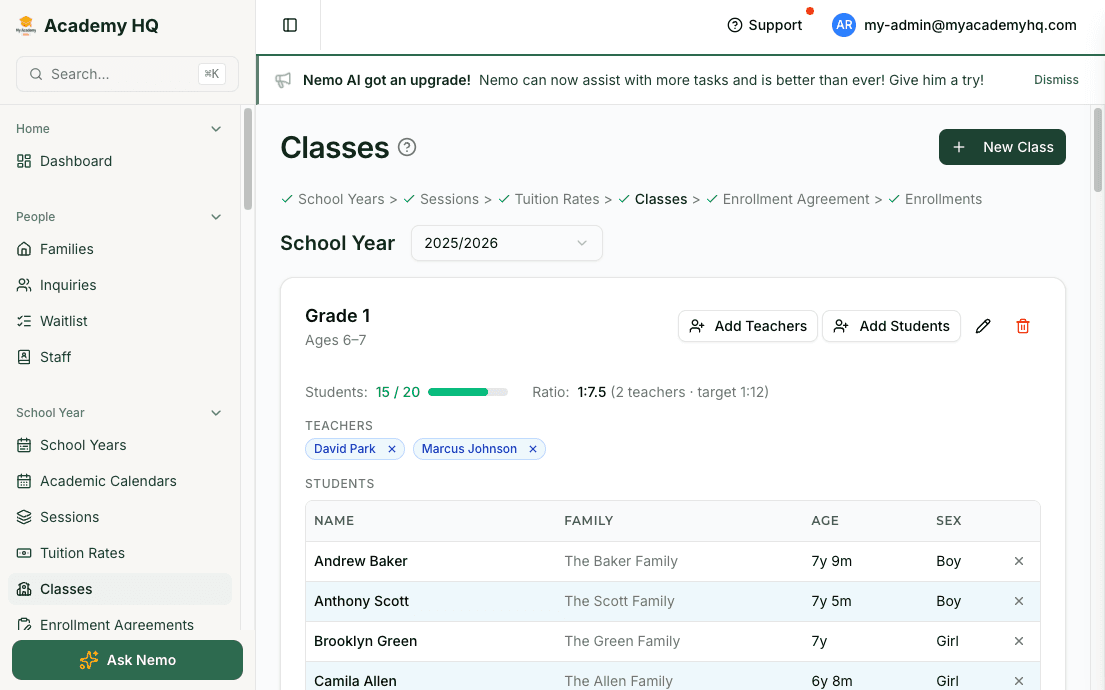 Screenshot: classes page with rosters, teachers, and student capacity