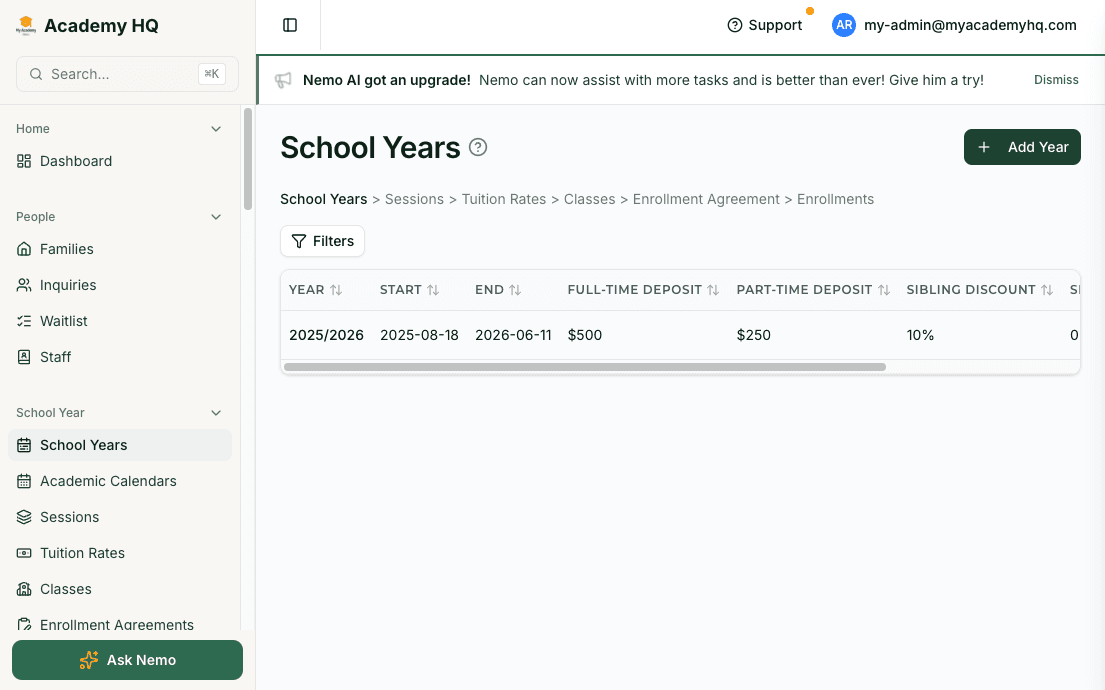 Screenshot: enrollment form or agreement builder inside the admin dashboard