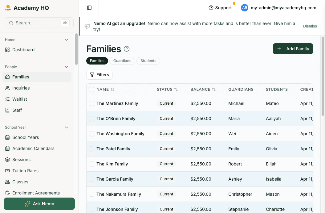 Screenshot: admissions pipeline with leads, statuses, and follow-up actions