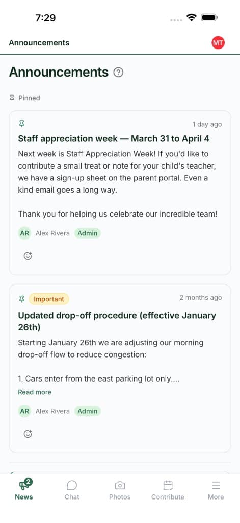 Screenshot: parent mobile app announcements feed with pinned school updates