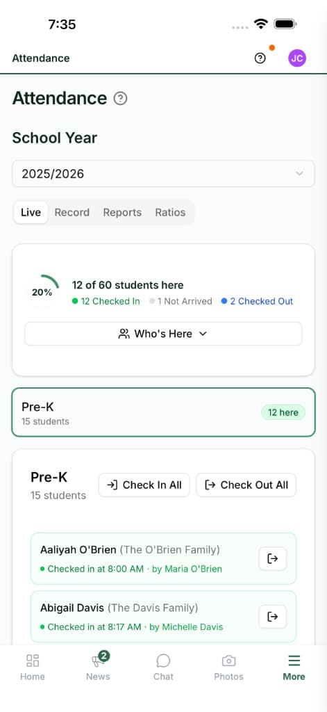 Screenshot: mobile attendance view inside the app