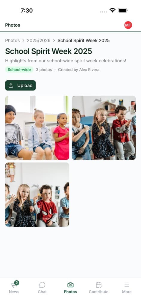 Screenshot: mobile photo albums inside the app