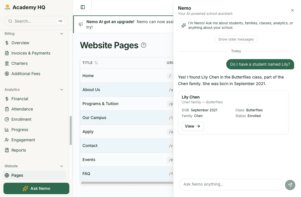 Screenshot: Nemo assistant panel open inside the admin dashboard