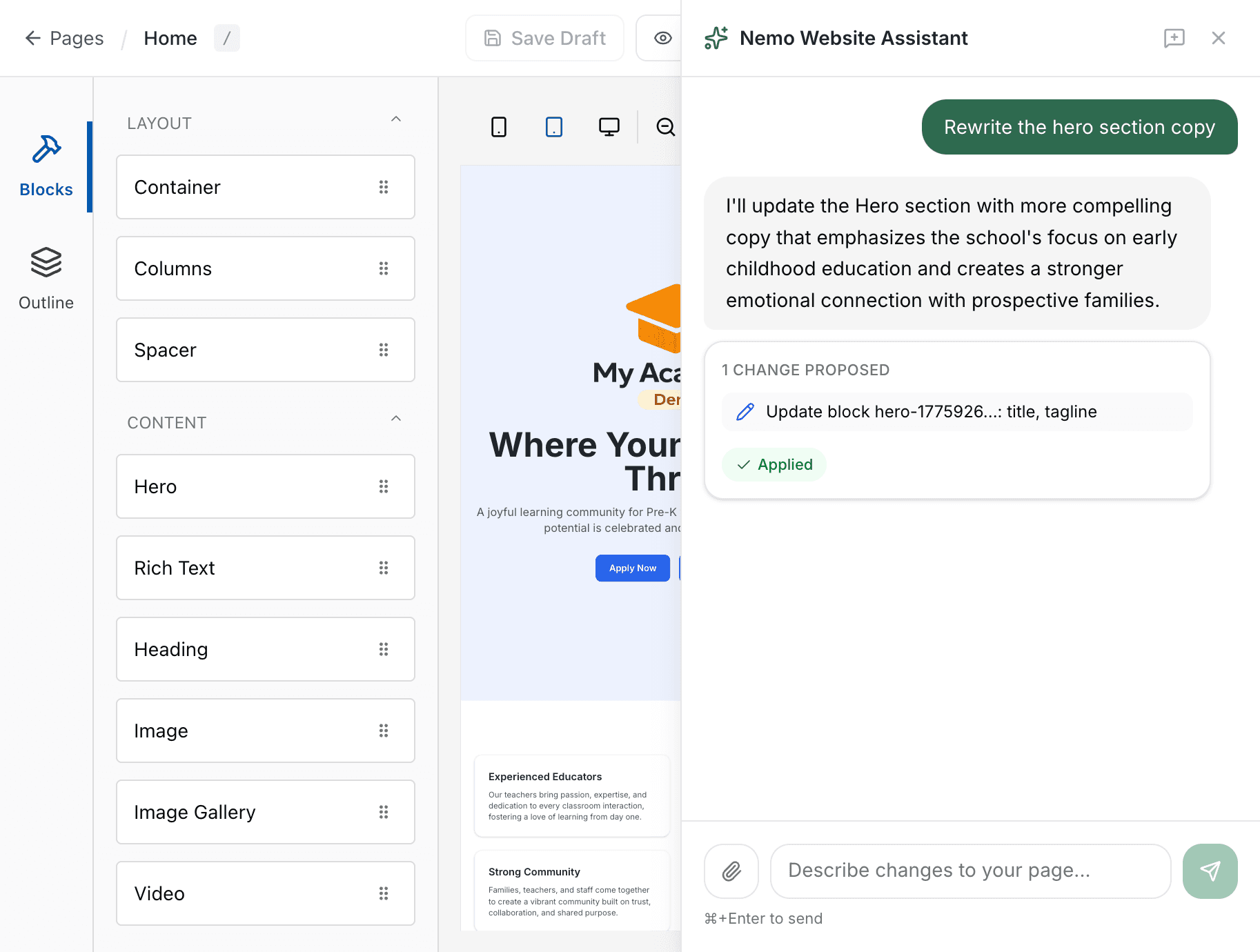 Screenshot: AI-assisted import or website generation workflow powered by Nemo