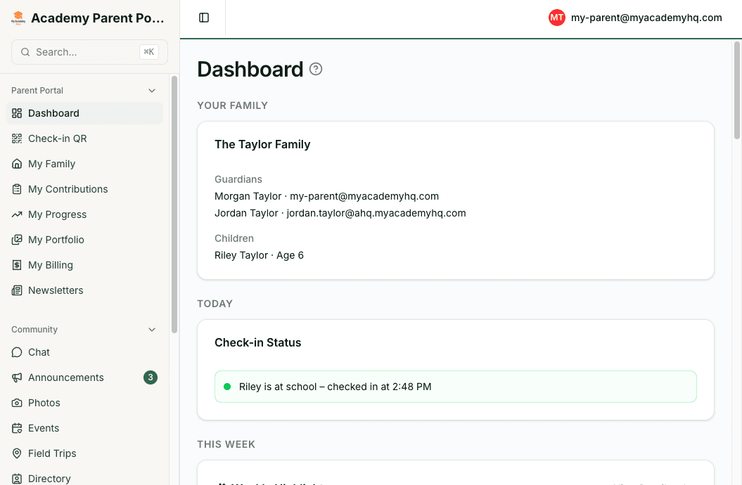 Screenshot: parent dashboard showing family overview, next steps, and recent updates