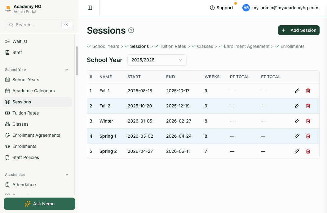 Screenshot: session configuration with date ranges, capacity, and enrollment counts