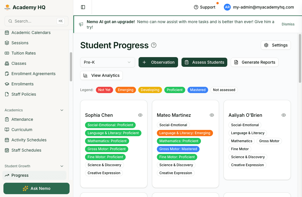 Screenshot: progress dashboard or assessment workflow showing student growth data