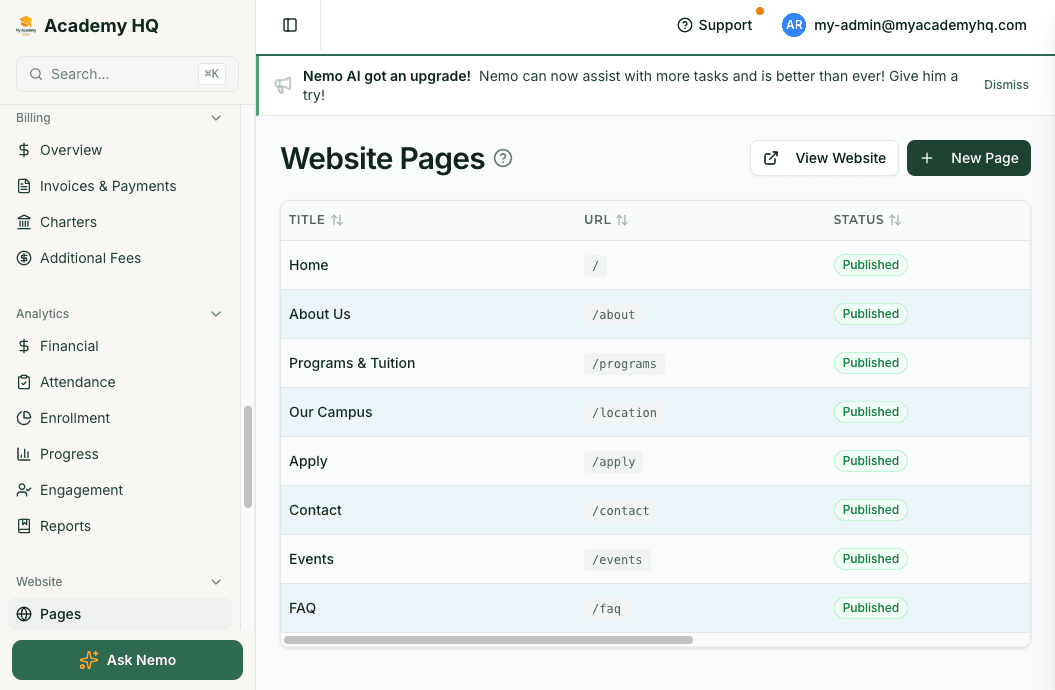 Screenshot: website builder page list or visual editor inside the admin dashboard
