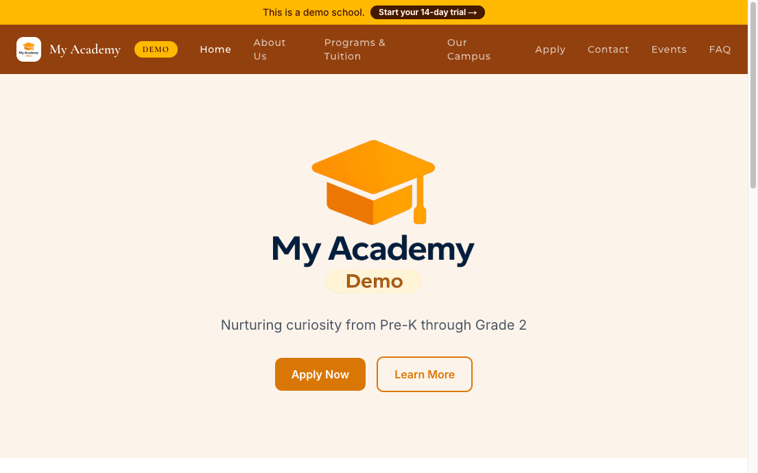 Screenshot: public website page preview with school branding and published content