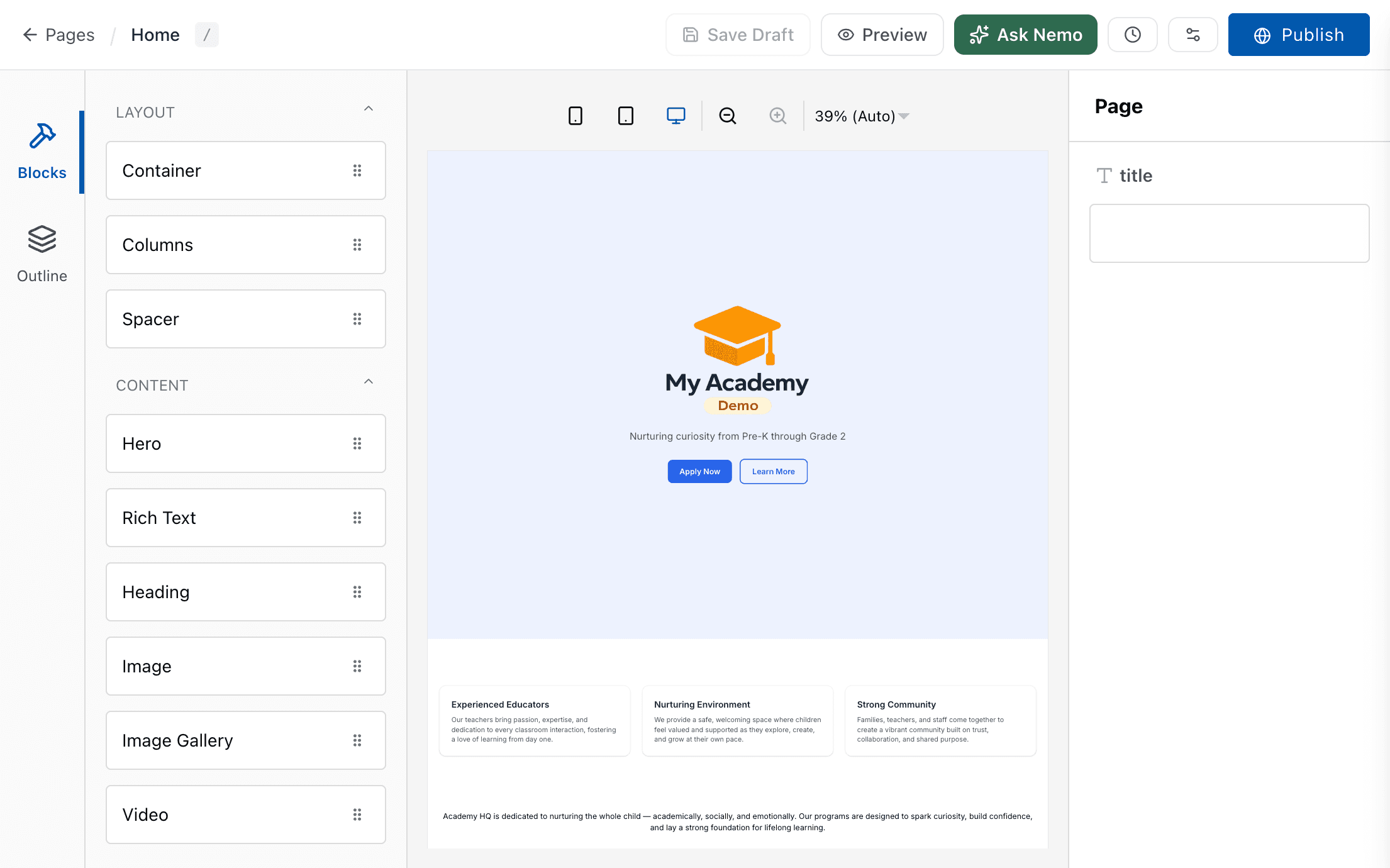 Screenshot: website editor for school pages