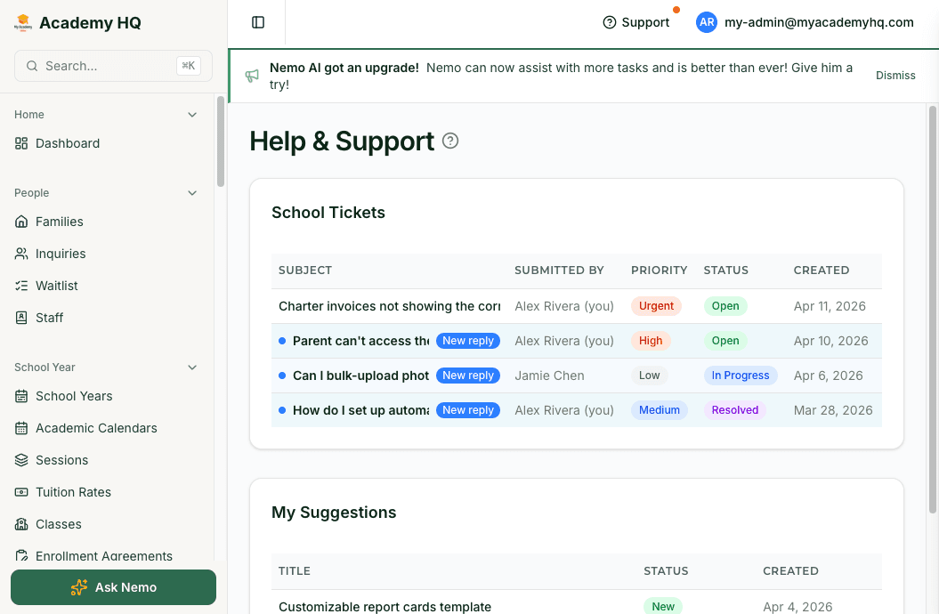 Screenshot: Help page with ticket list and support status updates