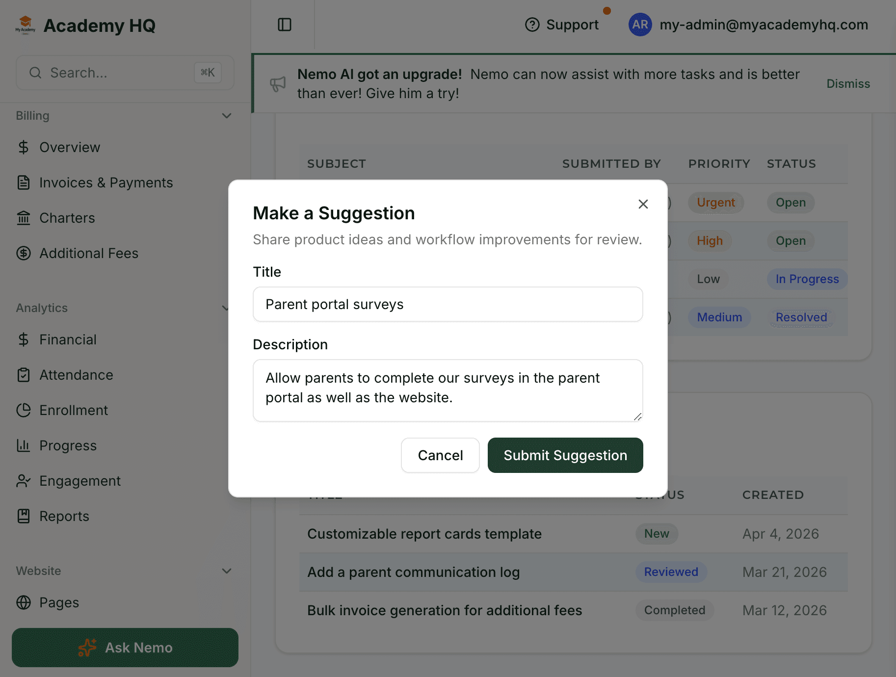 Screenshot: suggestions section showing feature requests and review status